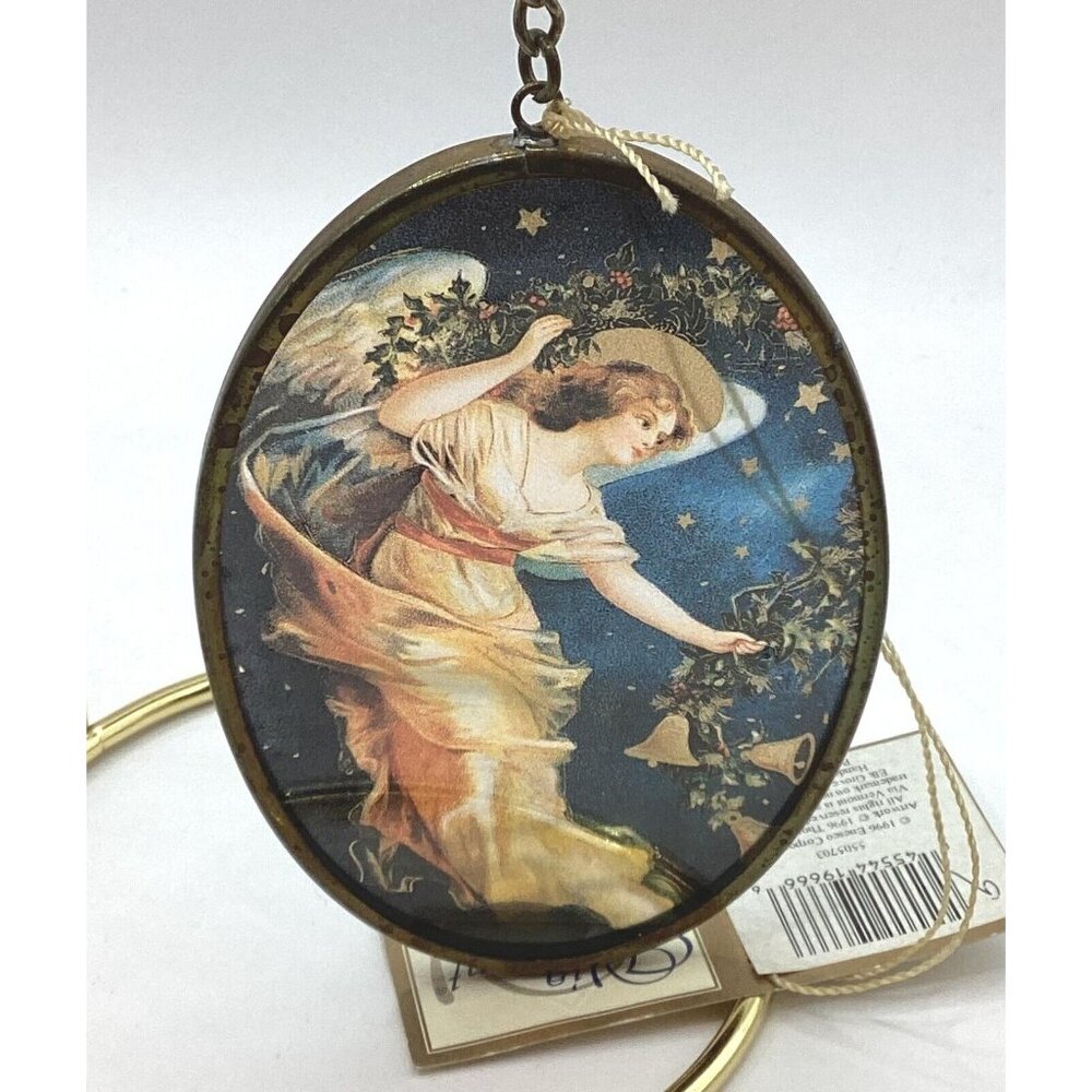 1990s Enesco Via Vermont Angel Stained Glass Suncatcher or Ornament Brass Framed